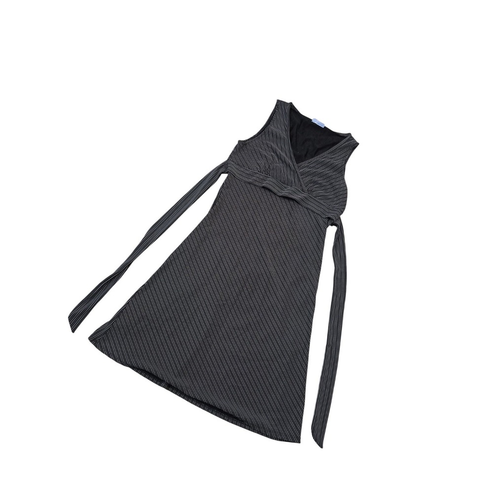 Kona Black White Striped A-Line Sleeveless V-Neck Tie Waist Knee Length Dress